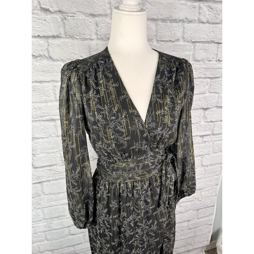 BTFL-LIFE Women's Black Metallic Floral Print Long Sleeve Wrap Maxi Dress Medium - Picture 3 of 7